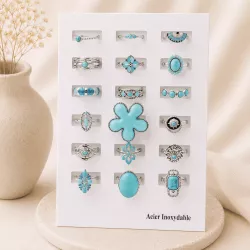 Pack 18 bagues acier inoxydable - argenté turquoise
