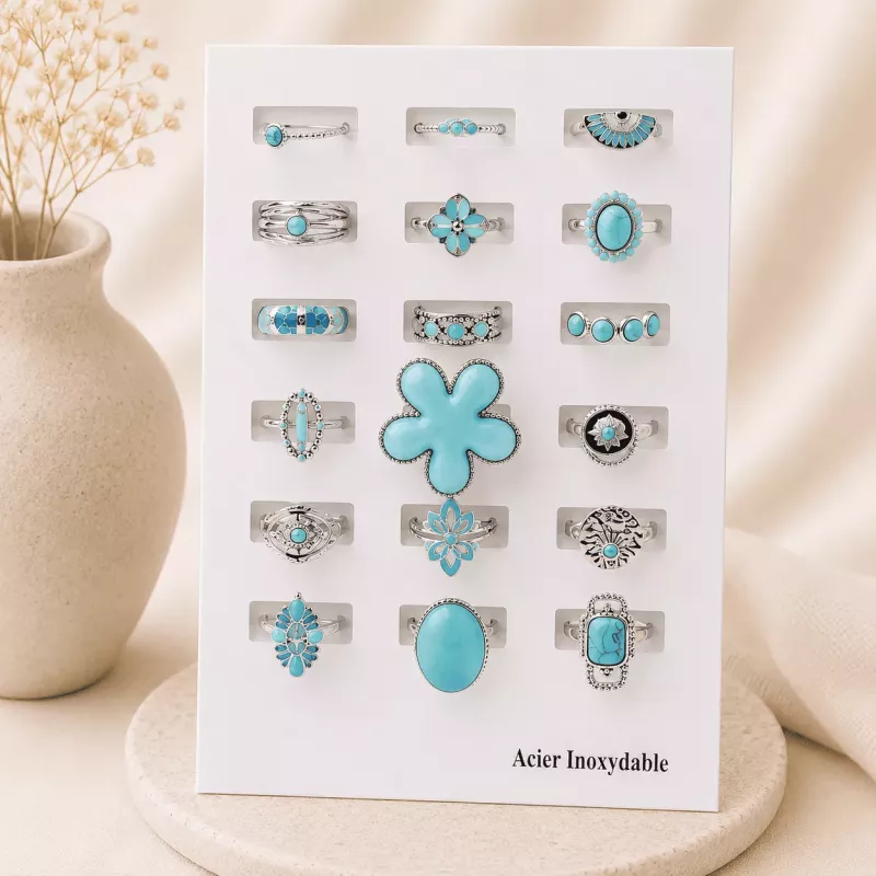 Pack 18 bagues acier inoxydable - argenté turquoise