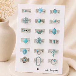 Pack 18 bagues acier inoxydable - argenté bleu