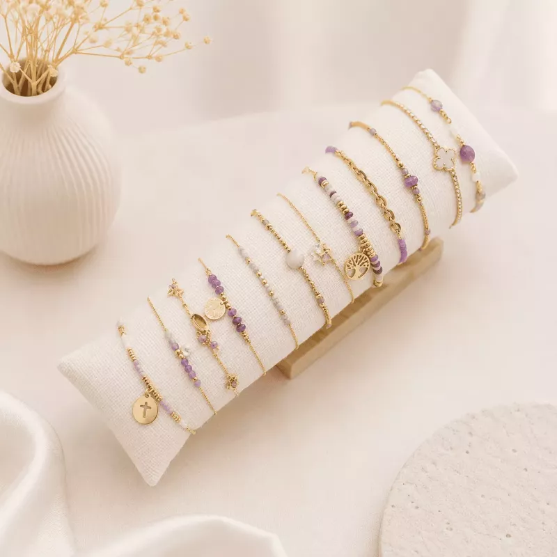 Pack de 12 bracelets perles et acier - parme