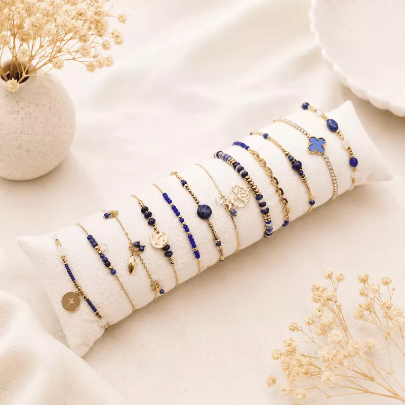 Pack de 12 bracelets perles et acier - marine