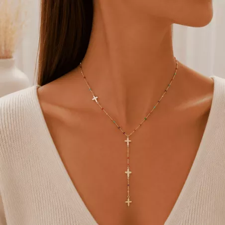 Collier en acier avec perles de couleur et trèfle forme Y