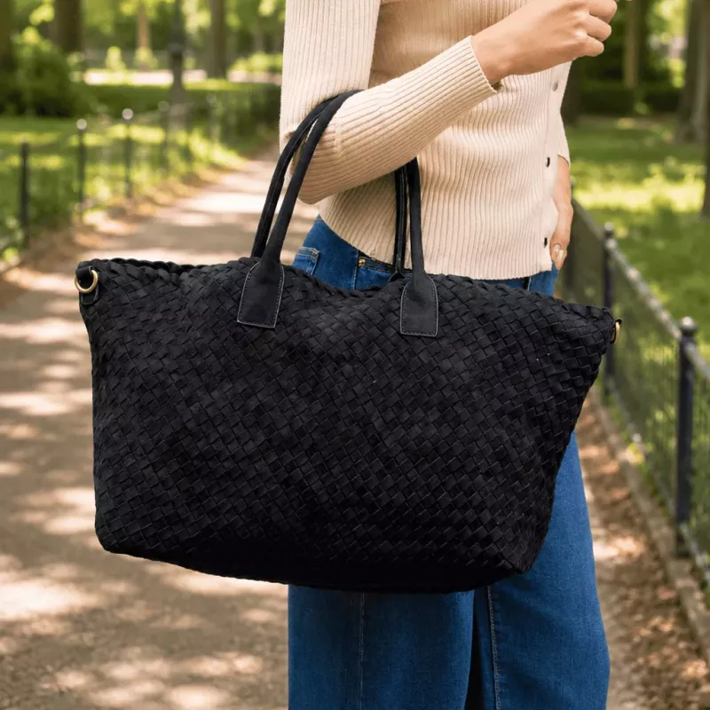 Sac cabas tressé femme avec pochette 53x29 cm | Grossiste maroquinerie