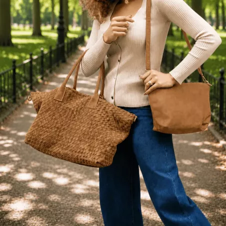 Sac cabas tressé femme avec pochette 53x29 cm | Grossiste maroquinerie