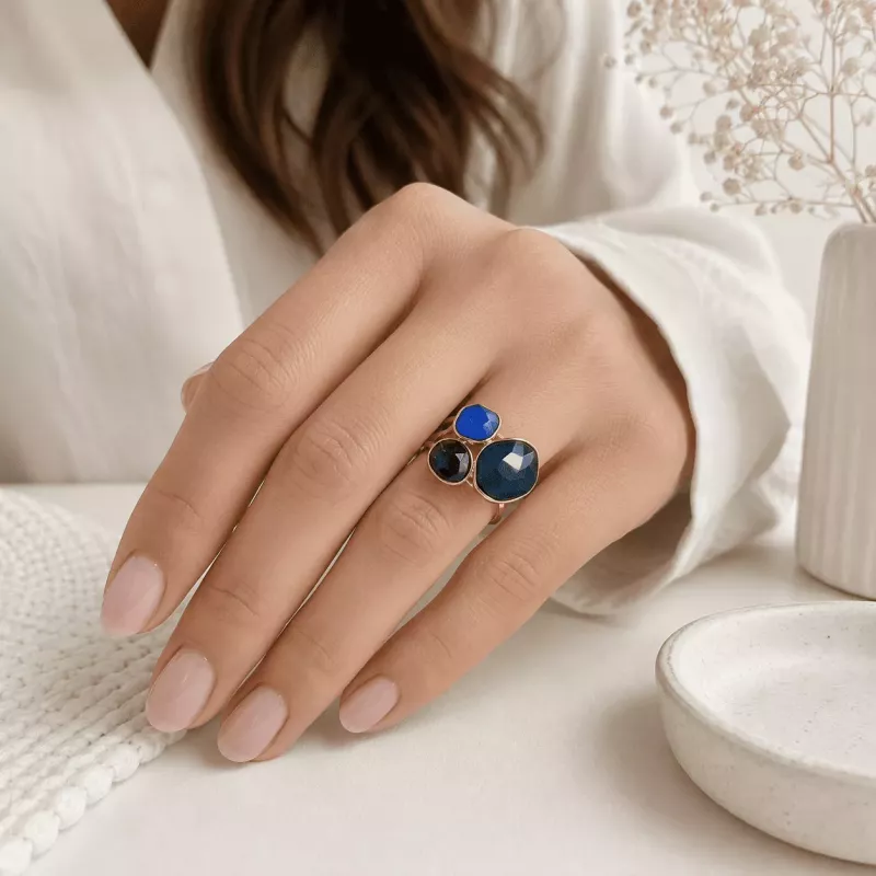 Bague dorée acier à cabochons cristal
