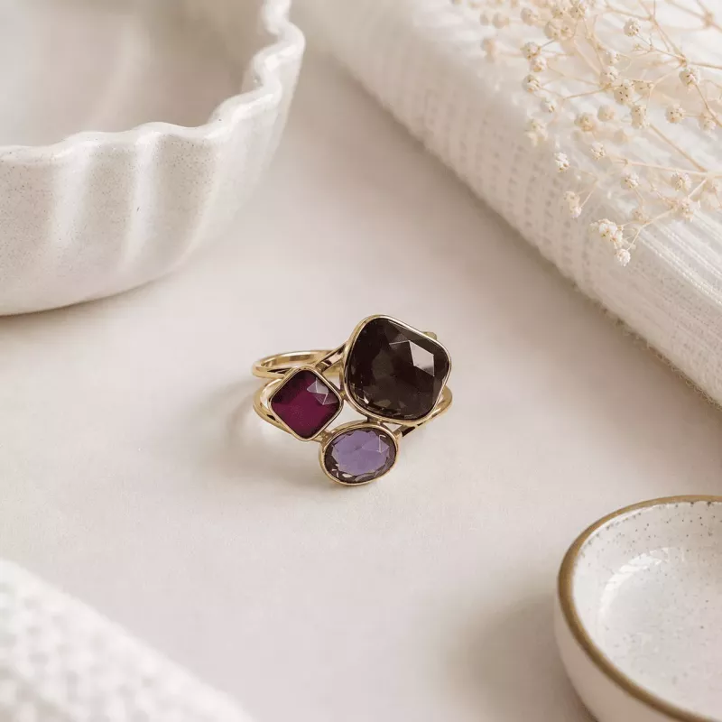 Bague dorée acier à cabochons cristal