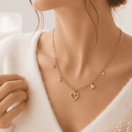 Collier doré breloques cœurs & étoile