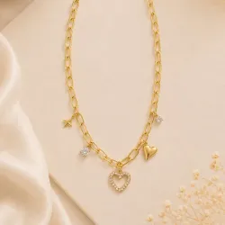 Collier doré breloques cœurs & étoile
