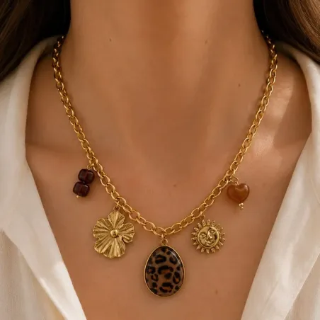 Collier breloques léopard fleur soleil & cœur