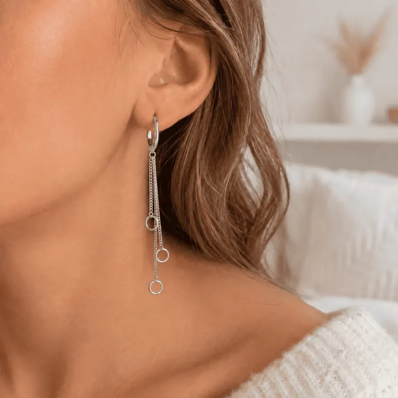 Boucles d’Oreilles Pendantes Chaînes & Anneaux en Acier Inoxydable