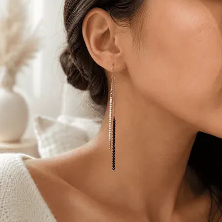 Boucles d’oreilles pendantes dorées perles noires