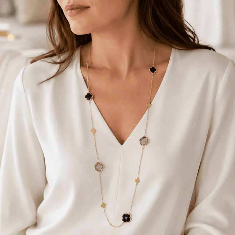 Collier sautoir luxe doré fleur colorée et strass