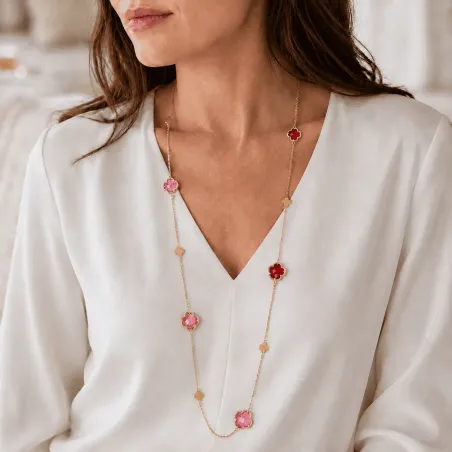 Collier sautoir luxe doré fleur colorée et strass