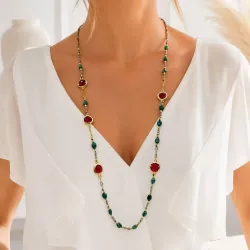 Collier sautoir perles et pierres colorées