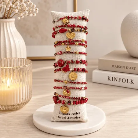 Pack de 12 bracelets cristal de verre et acier - rouge