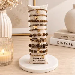 Pack de 12 bracelets cristal de verre et acier - marron