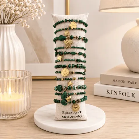 Pack de 12 bracelets cristal de verre et acier - vert