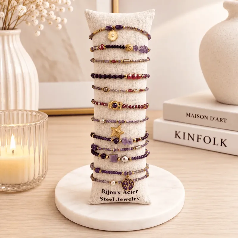 Pack de 12 bracelets cristal de verre et acier - violet