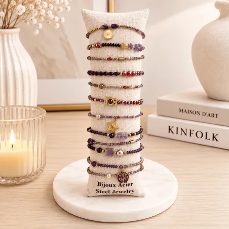 Pack de 12 bracelets cristal de verre et acier - violet