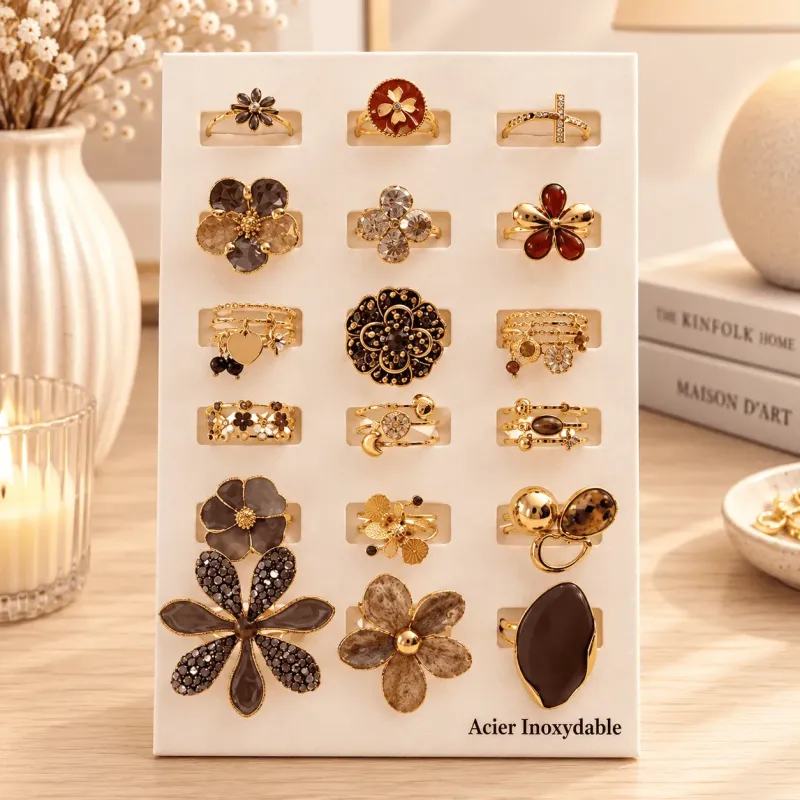 Pack 18 bagues acier inoxydable marron noir et doré