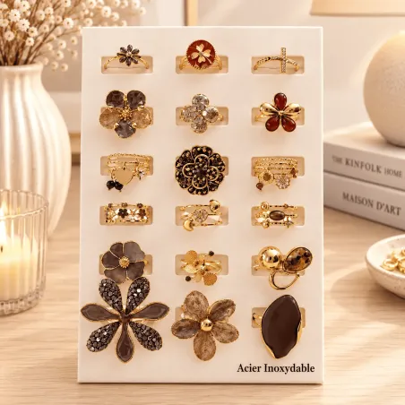 Pack 18 bagues acier inoxydable marron noir et doré