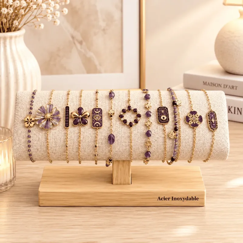 Pack 12 bracelets acier inoxydable violet prune et doré