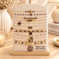 Pack 12 colliers acier inoxydable violet prune et doré