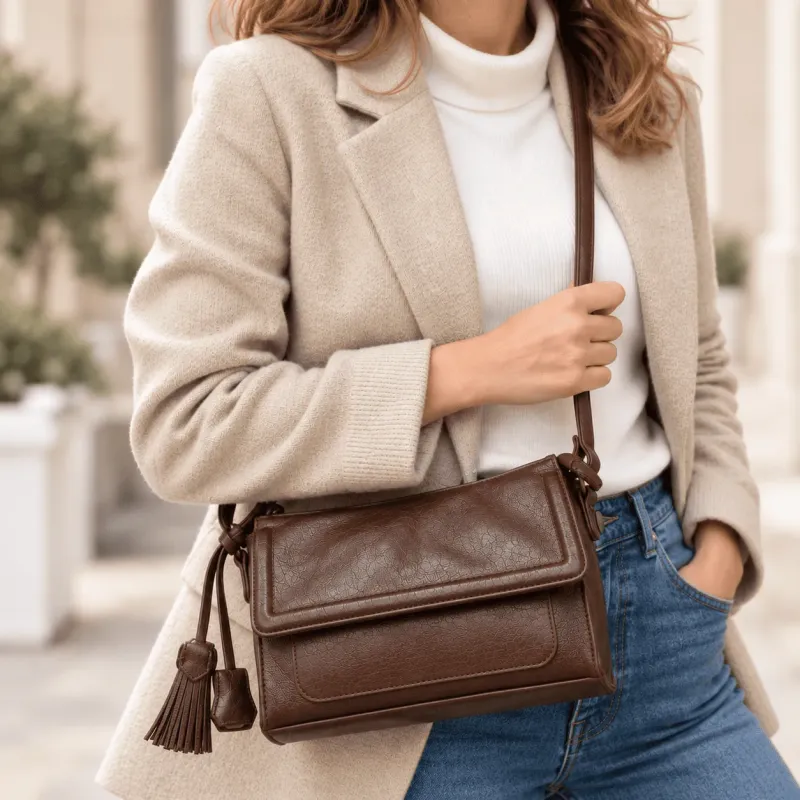 Sac bandoulière femme à rabat et pompon 25x19 cm