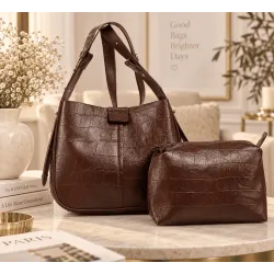 Sac cabas femme effet croco avec pochette assortie
