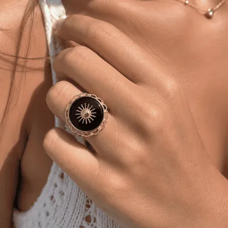 Bague Onyx Noir Ajustable Acier Inoxydable Doré