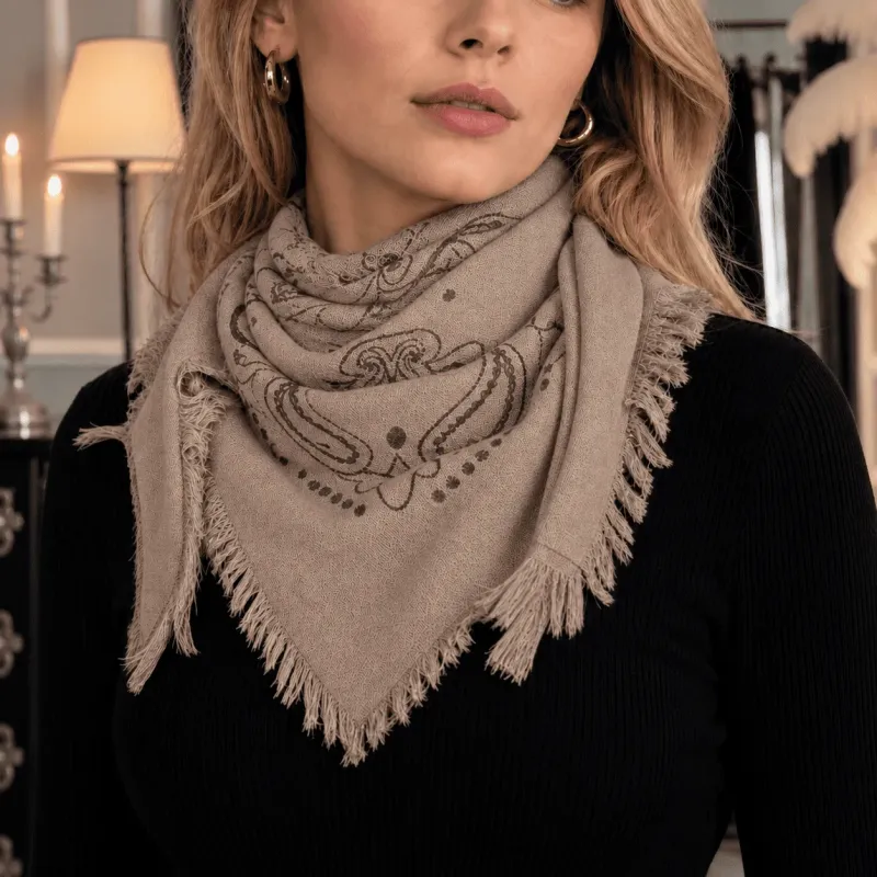 Écharpe carrée femme 70x70 motif bandana 20% laine