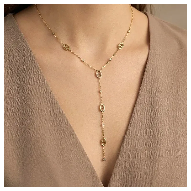Collier Y acier inoxydable doré maillons ovales femme
