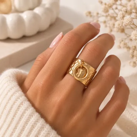 Bague ajustable acier inoxydable doré martelée