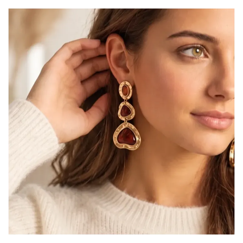 Boucles d’oreilles pendantes dorées – pierres effet ambre