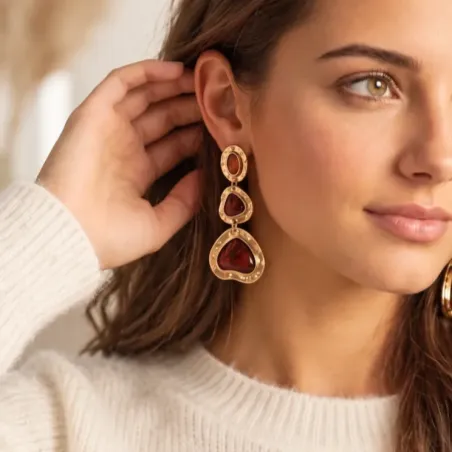 Boucles d’oreilles pendantes dorées pierres effet ambre