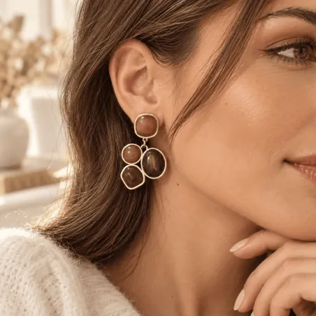 Boucles d’oreilles dorées cabochon marron