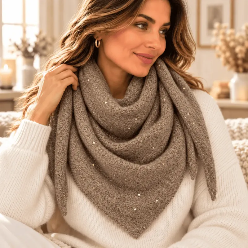 Écharpe triangle femme en maille avec fil lurex – 140 x 45 cm
