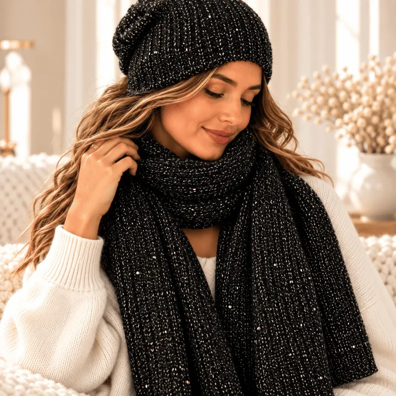 Ensemble bonnet écharpe femme en maille lurex