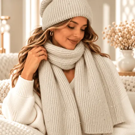 Ensemble bonnet écharpe femme en maille lurex