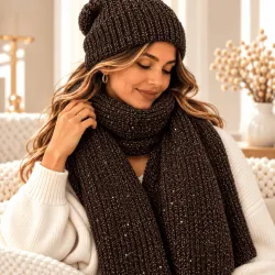 Ensemble bonnet écharpe femme en maille lurex