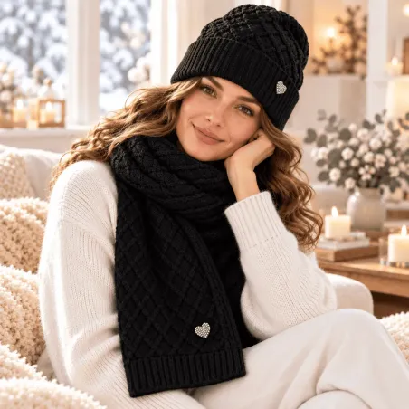 Ensemble bonnet écharpe femme cœur strass – Laine