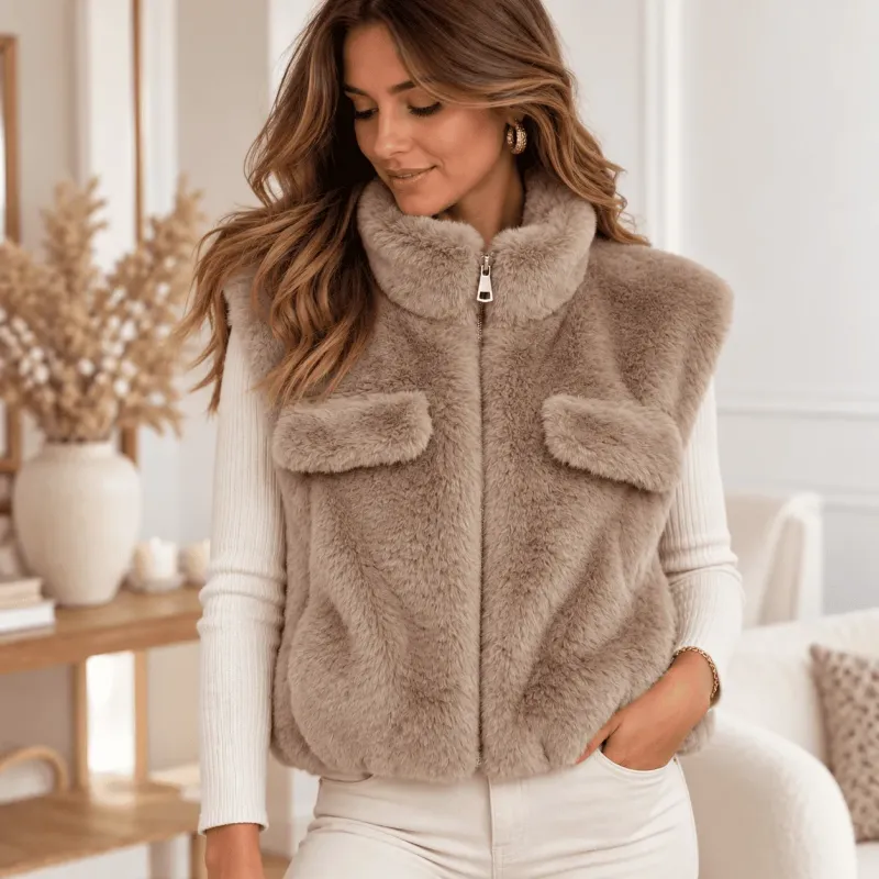 Gilet court sans manches en fausse fourrure