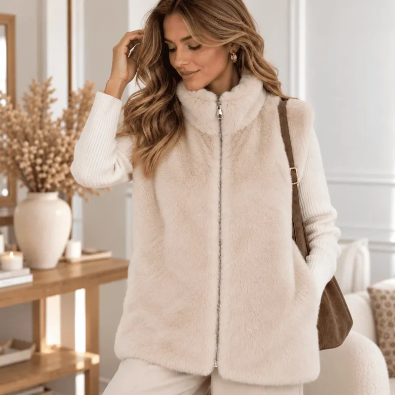 Gilet long sans manches en fausse fourrure