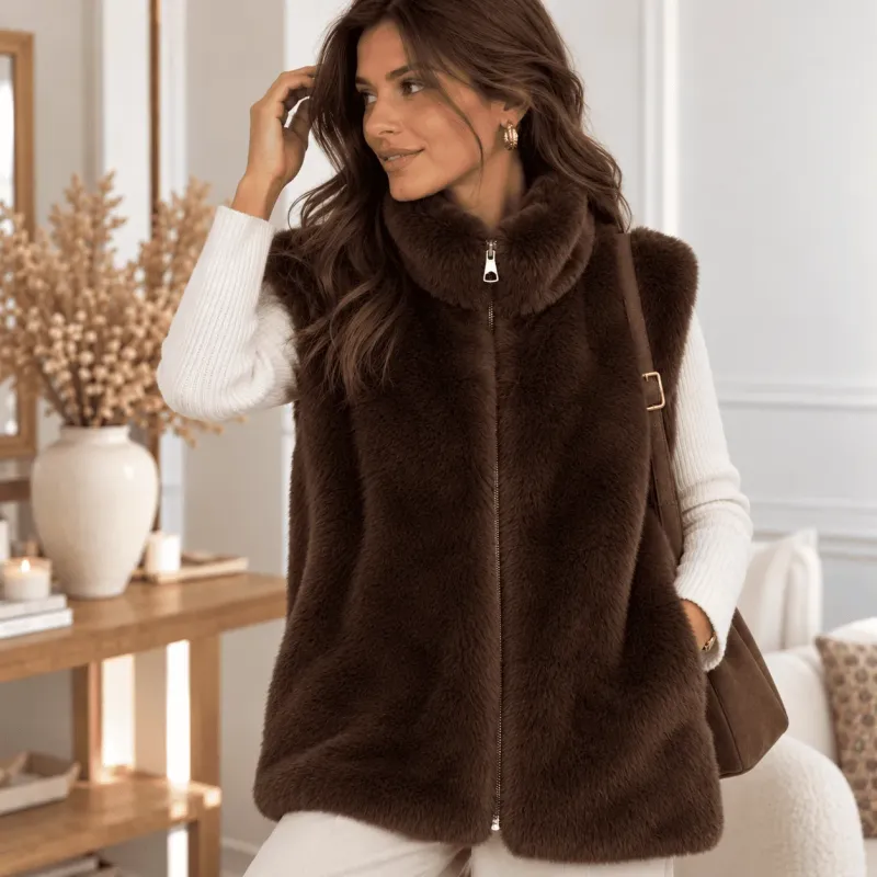 Gilet long sans manches en fausse fourrure