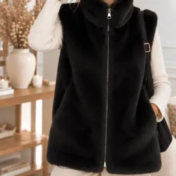 Gilet long sans manches en fausse fourrure