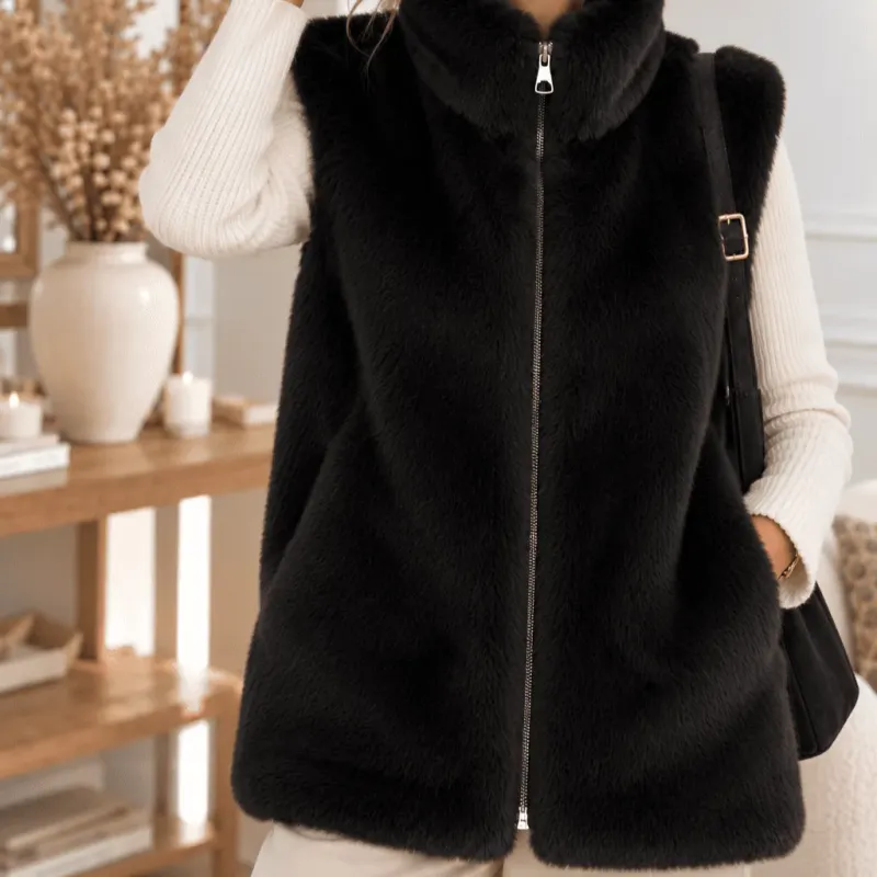 Gilet long sans manches en fausse fourrure
