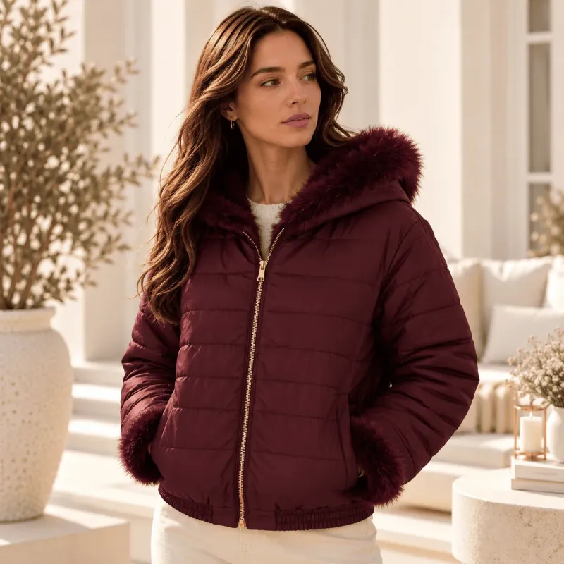 Veste à capuche réversible doudoune & fausse fourrure