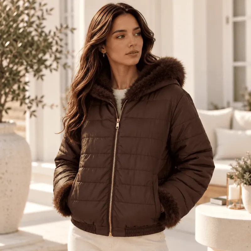 Veste à capuche réversible doudoune & fausse fourrure