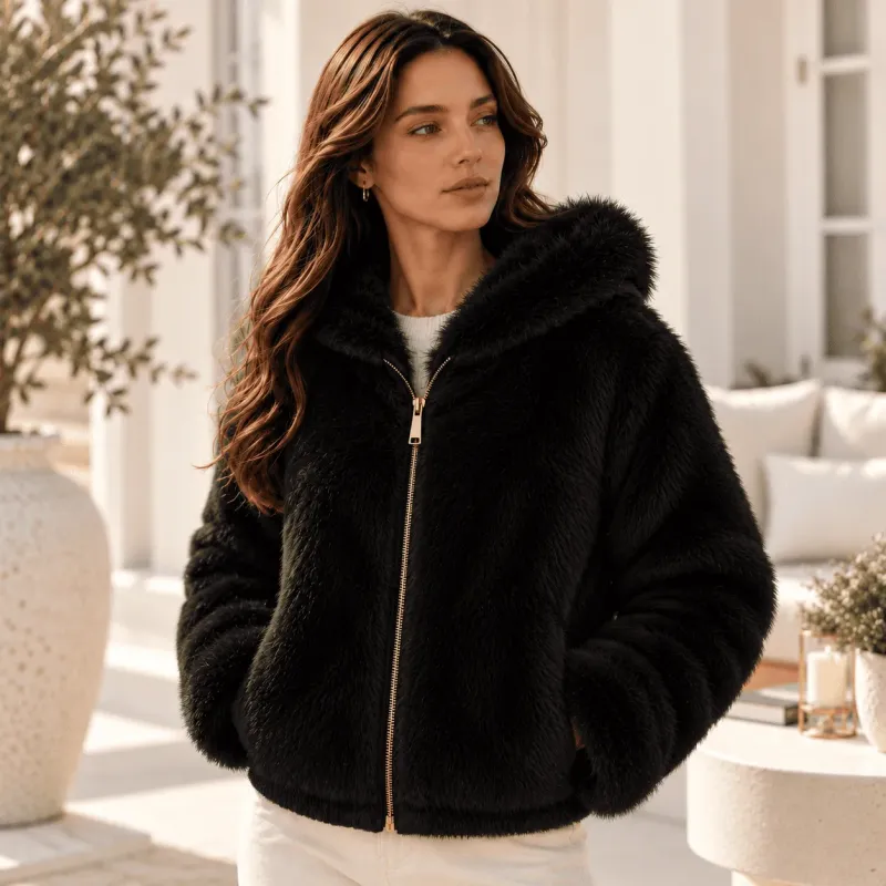 Veste à capuche réversible doudoune & fausse fourrure