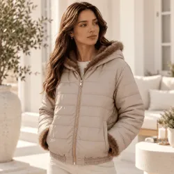 Veste à capuche réversible doudoune & fausse fourrure